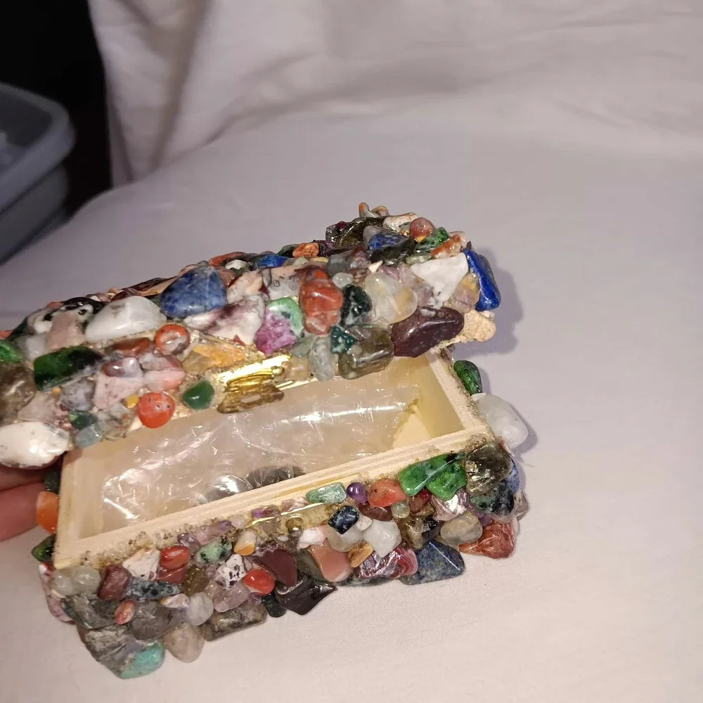 Crystal and Wood Trinket Box with Multicolor Polished Natural Stones Hinged Lid